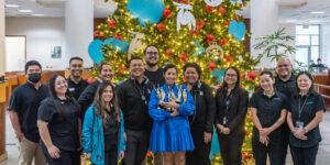 Bank of Guam receives national recognition with six MarCom Awards, an internationally recognized competition celebrating excellence in marketing and communications. Pictured (from left are) Kuramitsu Iwanaga, Sr. Business Analyst; Carla Duenas, Customer Experience Management Content Manager; Audrey Diaz, Creative Manager; Danny Daniel, Vice President, Director of Brand and Community Relations; Kyle Perron, Creative Director, Mighty Island; Lesley-Anne Leon Guerrero, Senior Vice President, Chief Experience Officer; Karen Gayle, Product Manager; Esther Reyes, Vice President, Senior Product Manager; Chartee Brennan, Digital Media Content Producer; Timothy Nauta, Customer Experience Management Officer; and Bonnie Alig, Human Resources Utility Officer III.