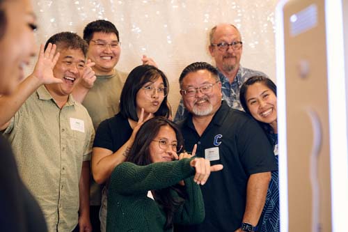 Drs. Dale Fryxell, from right, Darren Iwamoto and Hans Chun pose with alumni, from left, Derrick Liu '17 and MBA '19, Christine Vergara '19, Jennifer Tolentino '18 and MBA '21 and Sabrina Hallabay '19.