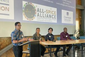 Dr. Rylan Chong and data science students, from left, Victoria DelaCruz '24, Anson Ekau ’25 and LaVelle White '25 participated in the Pacific Intelligence Innovation Initiative and Hawaii Defense Alliance intern spotlight in 2023.