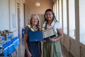 Chaminade President Dr. Lynn Babingto presented Kawailani Luat with her President Sue Wesselkamper Award during last year's Na Liko Na’auao.