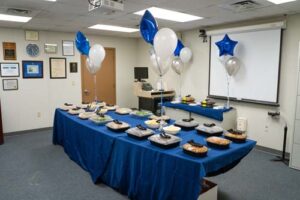 This Brogan Hall classroom was decorated with balloons and tables lined with food.