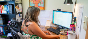 Emily Fessler prepares for her online class.