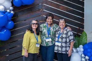 Attending the October 2023 Reunion, Estela Derr '88, center, enjoyed catching up will fellow alumnae Denise Watanabe Paaga '88, left, and Candida Berdon '89.