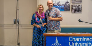 Jim Heller Sutton, Assistant Provost for Faculty Development and Director, Center for Teaching & Learning, presented Dr. Kelly Treece with her Chaminade University of Honolulu Excellence in Teaching Award.