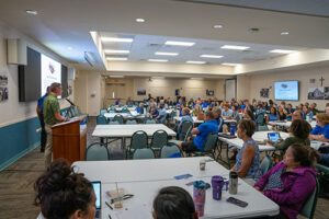 Provost Lance Askildson addresses faculty during the yearly Institution, which included the announcement of three awards.
