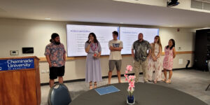 Completing the Professional MBA program are, from left, Jon Watase, Connie Kramer, Gustaf Soderholm, Jacob Murphy, Lauren Hamrick and Stacey Robinson.