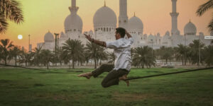 Ryan Panzarella balances his body on a slackline in front of the Taj Mahal in Agra, India.