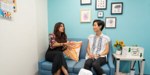 Director of Counseling Services, Leilani Harness, discusses the Peer Counseling Program with Mental Health Counselor Elisabeth Mather.