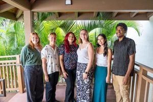 Brit Hall, second from left, is doing an internship with the Counseling Center for her Master of Science in Counseling Psychology degree. She is surround by Peer Counselors, from left, Claire Heffernan, Mya Dawkins, Annie Kramer, Megan Nakamura and Micah Sanders.