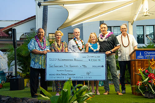 Aliikamanaekahi “Alii” Napoleon, second from right, received a $2,500 scholarship from Alaka‘ina Foundation. The check was presented to Napoleon by former Chaminade Athletics Director and Alaka‘ina Foundation board member, Bill Villa, far left. Bella Hughes, Gary Hogan, Dr. Lynn Babington and Dr. Roy Panzarella joined them on stage.