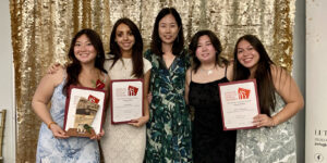 E+ID Dr. Junghwa Suh is flanked by, from left, Katherine Liu ’26, Soraya Ortiz ’25, Farrah Dinh ’25 and Jazlynne Williamson ’25.