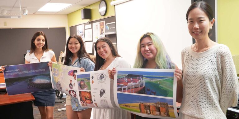 Soraya Ortiz ’25, Katherine Liu ’26, Jazlynne Williamson ’25 and Farrah Dinh ’25, from left, submitted their final design concept to the Iceland Beer Spa International Architecture Competition with the help of Dr. Junghwa Suh.